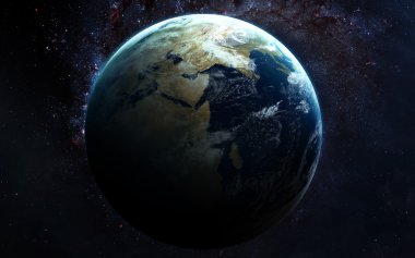 Yüksek çözünürlük Planet Earth görünümü. Dünya Dünya uzaydan bir yıldız alanda arazi ve bulutlarda gösteriliyor. Bu görüntü unsurları Nasa tarafından döşenmiştir