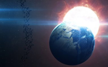 Yüksek çözünürlük Planet Earth görünümü. Dünya Dünya uzaydan bir yıldız alanda arazi ve bulutlarda gösteriliyor. Bu görüntü unsurları Nasa tarafından döşenmiştir