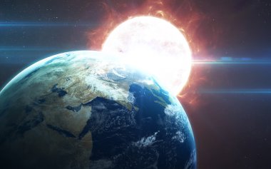 Yüksek çözünürlük Planet Earth görünümü. Dünya Dünya uzaydan bir yıldız alanda arazi ve bulutlarda gösteriliyor. Bu görüntü unsurları Nasa tarafından döşenmiştir