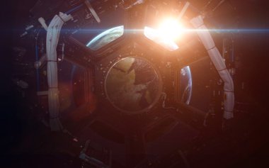 A round window on a space station with a view of Earth below. This image elements furnished by NASA