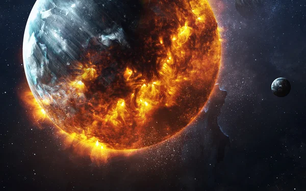 Soyut kıyamet arkaplanı, yanan ve patlayan gezegen. NASA tarafından desteklenen bu görüntü ögeleri