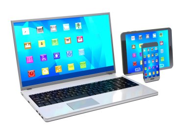 Dizüstü bilgisayar, tablet pc ve cep telefonu beyaz arka plan üzerinde.