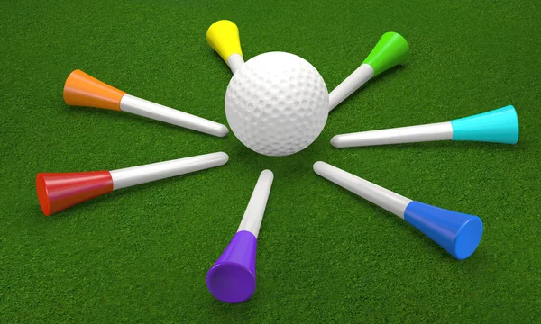 Golfball und Abschlagheringe in Regenbogenfarben auf dem Rasen (3d Illustration). — Stockfoto