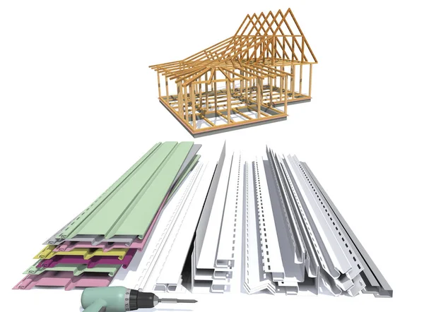 Rahmen Eines Holzhauses Und Moderne Veredelungsmaterialien Auf Weißem Hintergrund Illustration — Stockfoto