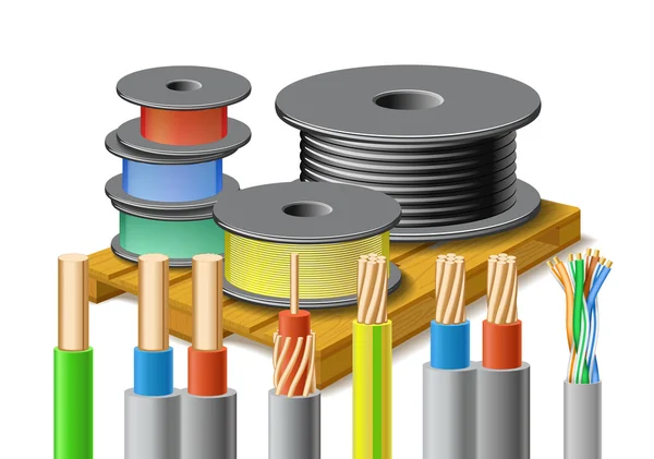 Diferentes tipos de cables están en la plataforma de madera . — Archivo Imágenes Vectoriales