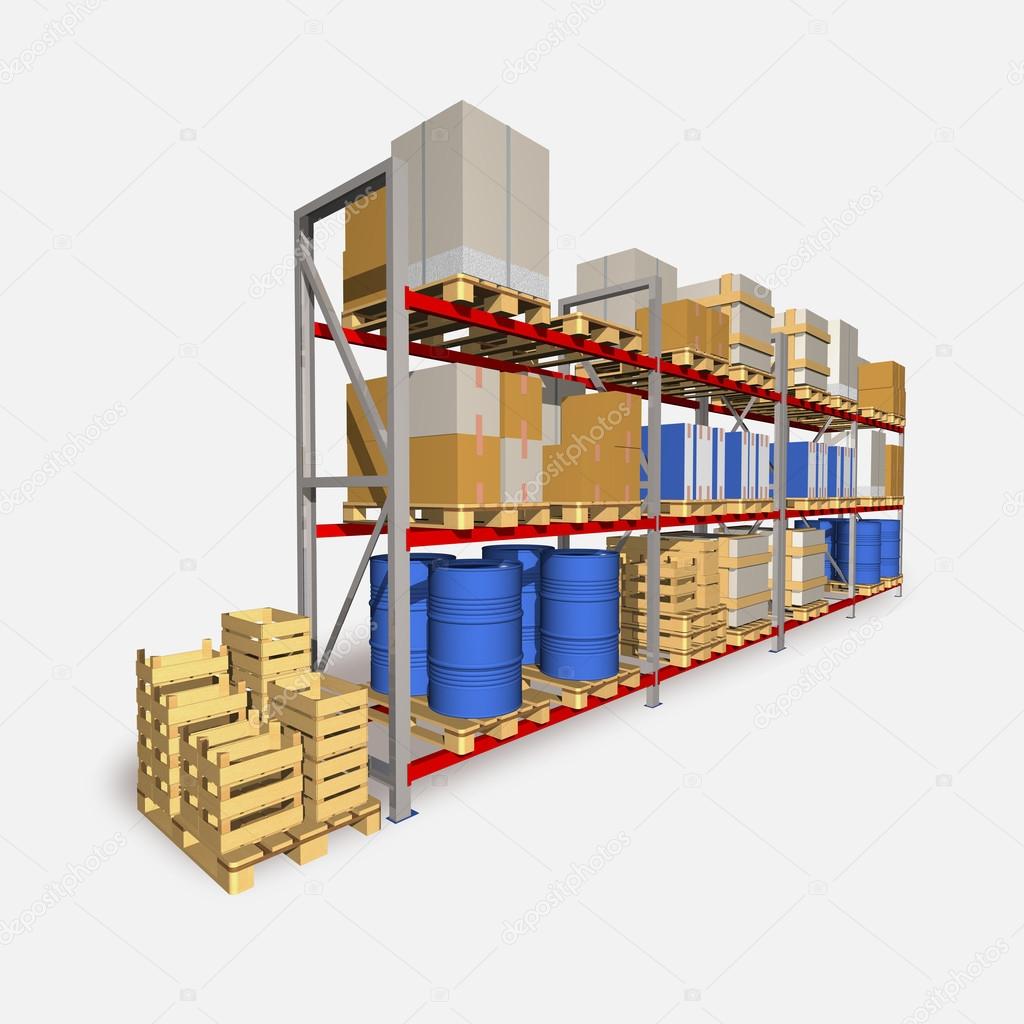 Storage racks and pallets with various products.