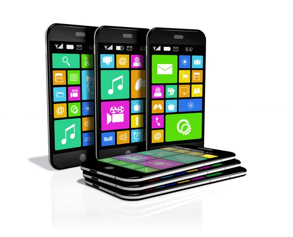 Six smartphones with a variety of software applications. — Stock Photo, Image