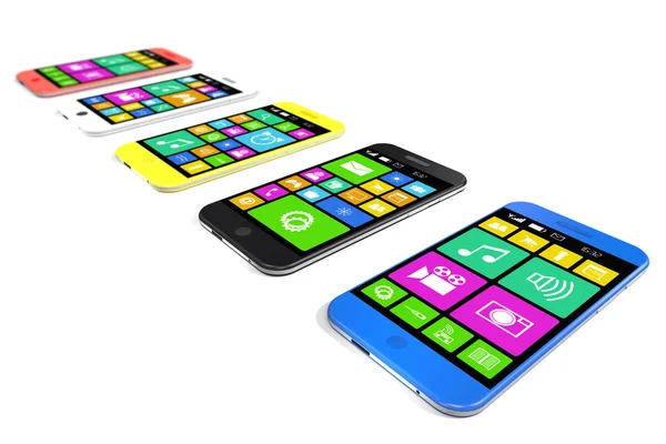 Mångfärgade smartphones med en mängd olika programvaror — Stockfoto