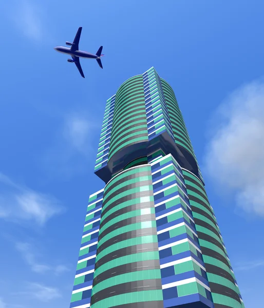 Modern city building and a plane in the sky. — Stock Photo, Image