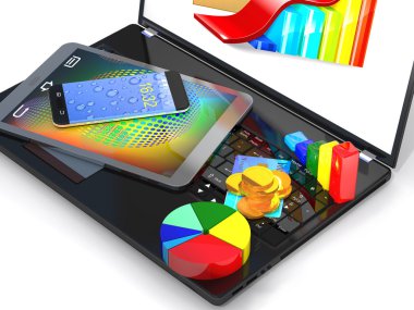 Dizüstü bilgisayar, tablet pc, smartphone, kredi kartı, sikke ve diyagram ar