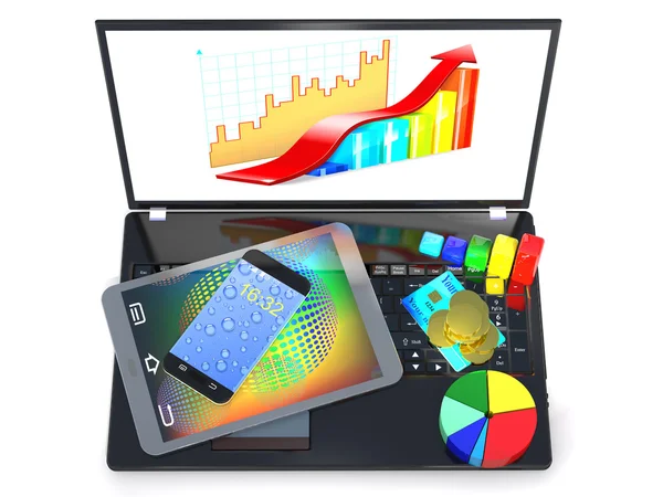 Ordenador portátil, tableta PC, teléfono inteligente, tarjeta de crédito, monedas y diagrama ar — Foto de Stock