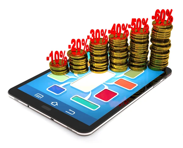 Tablet PC, numbers, percentages, gold coins as a concept of fina — Stock Photo, Image