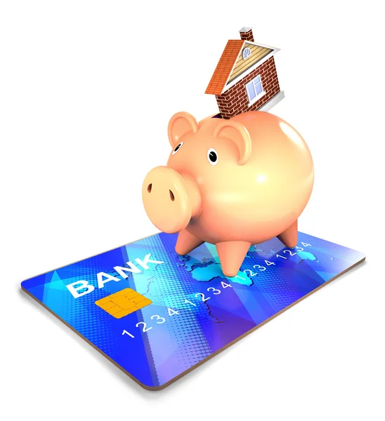 Piggy Bank and bank card and house. — Stock Photo, Image