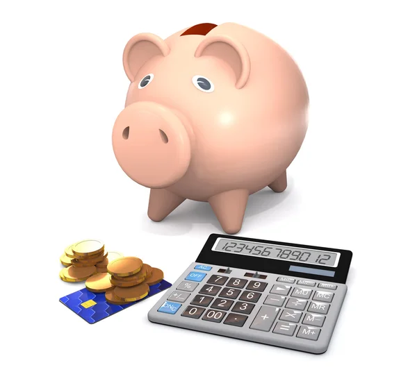 Piggy bank, elektronische rekenmachine en geld zijn op een witte backg — Stockfoto