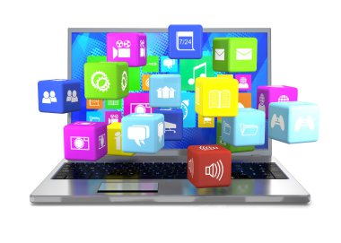 Laptop ve uçan küpleri ile simgeler (Önden Görünüm).