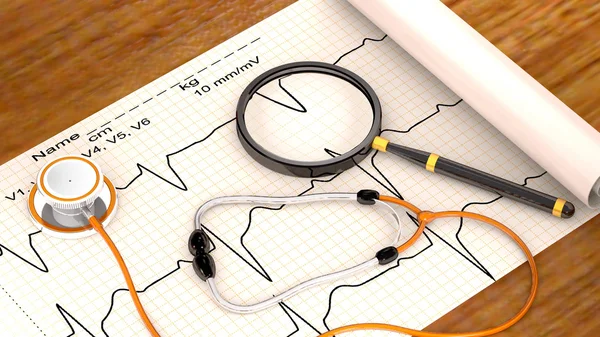 聴診器、紙、心電図、拡大鏡がテーブルに. — ストック写真