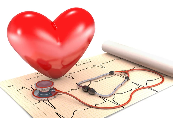 Estetoscopio, papel, cardiograma y corazón . — Foto de Stock