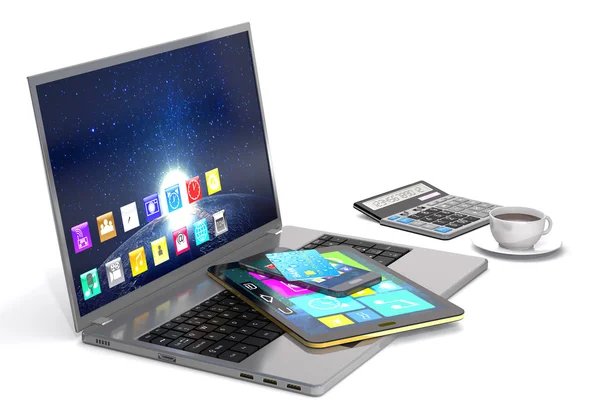 Laptop, tablet, telefone inteligente, cartão bancário, calculadora e xícara de co — Fotografia de Stock