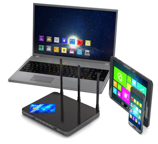 Yönlendirici, dizüstü bilgisayar, akıllı telefon, tablet ve kredi kartı.