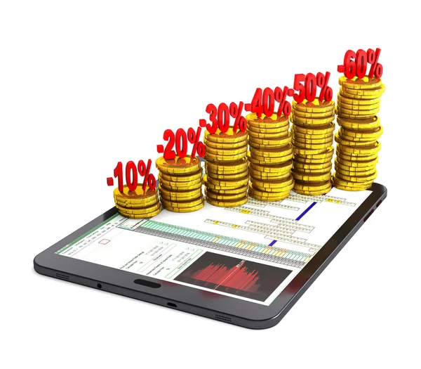 Tablet pc and columns of gold coins. — Stock Photo, Image