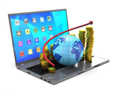 Küre, tablet pc, altın sikke ve kırmızı ok.