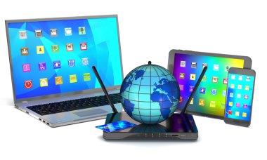 Yönlendirici, dizüstü bilgisayar, akıllı telefon, tablet ve Küre.