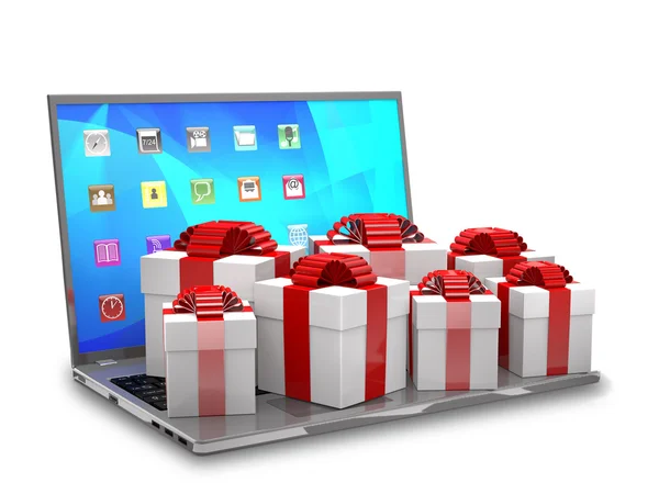 Gift boxes on a laptop keyboard. — Stock Photo, Image