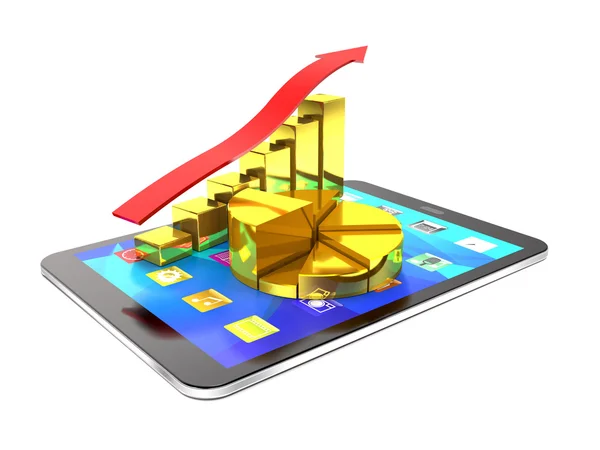 Tablet-PC und Diagramm mit goldenen Balken und rotem Pfeil. — Stockfoto