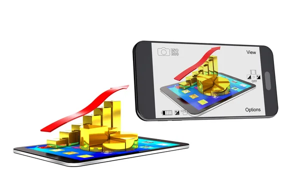 Smartphone photographing the tablet and a chart of the gold bars — Stock Photo, Image