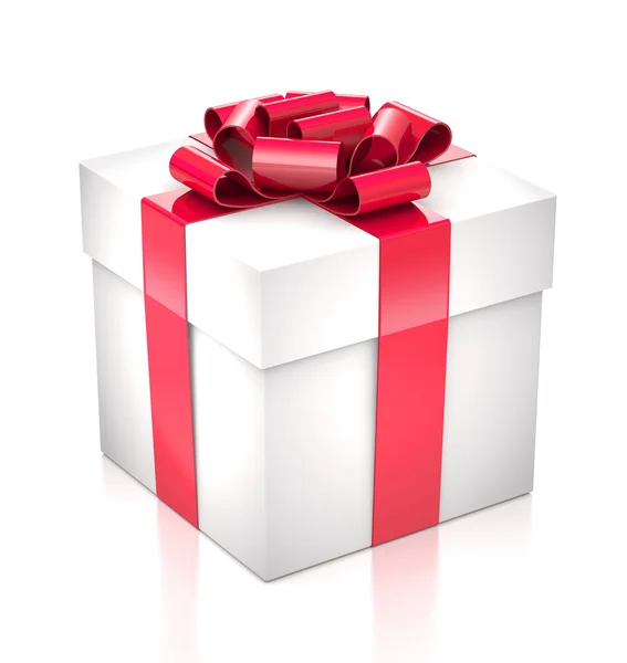 Gift white box with a red bow and ribbon. — Stock Photo, Image