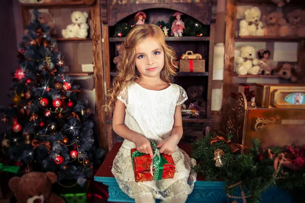 Liten flicka med julklapp Royaltyfria Stockbilder