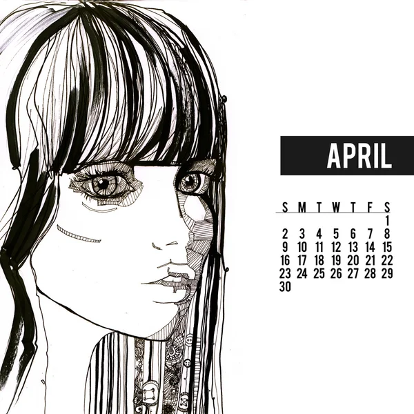 Ilustración de tinta de hermoso calendario de chicas — Foto de Stock