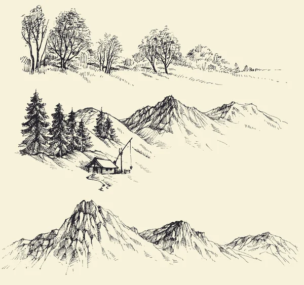 Ensemble d'éléments naturels, montagnes et forêt — Image vectorielle