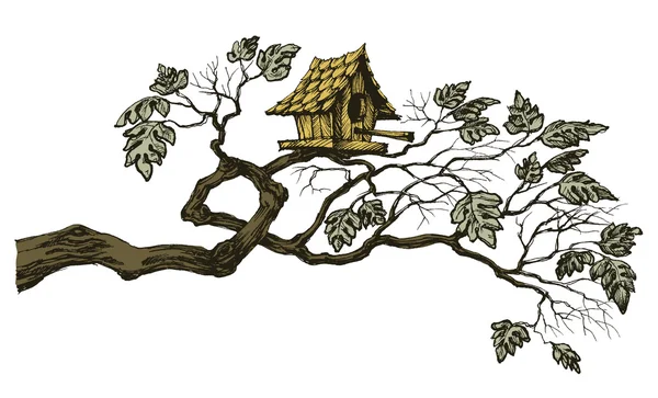 Rama de árbol y una linda casa de aves, borde de página o adorno — Archivo Imágenes Vectoriales