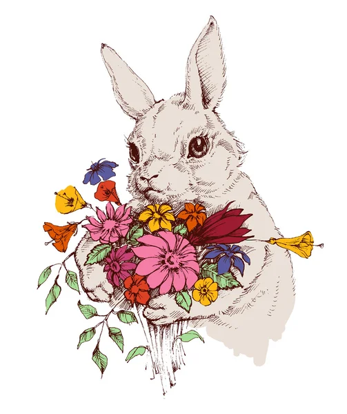 Conejo de Pascua y un ramo de flores — Vector de stock