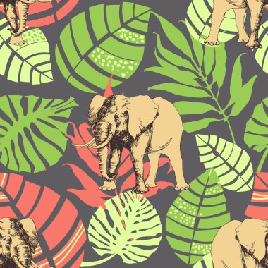 Nature pattern, exotic jungle leaves and elephant clipart