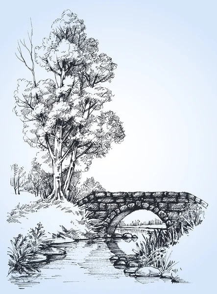 Park sketch, a stone bridge over river in the forest — Stock Vector