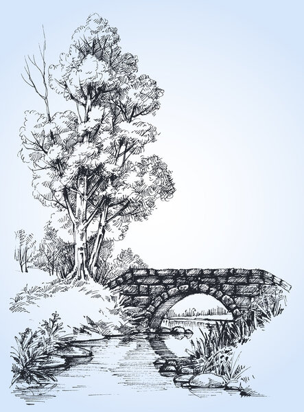 Парк эскиз, каменный мост через реку в лесу
