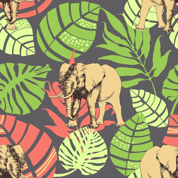 Natuur patroon, de bladeren van de exotische jungle en de olifant — Stockvector