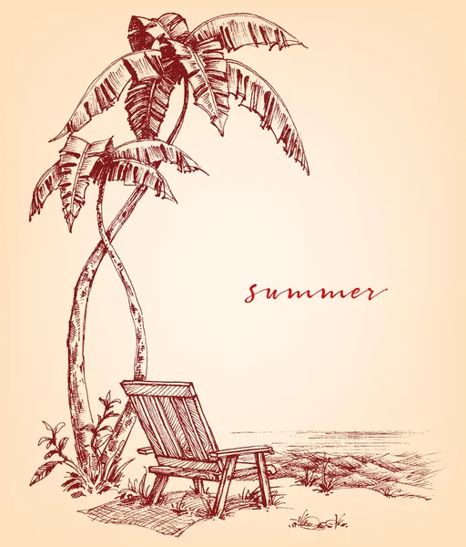 Esbozo de verano. Palmeras y tumbonas en la playa — Vector de stock