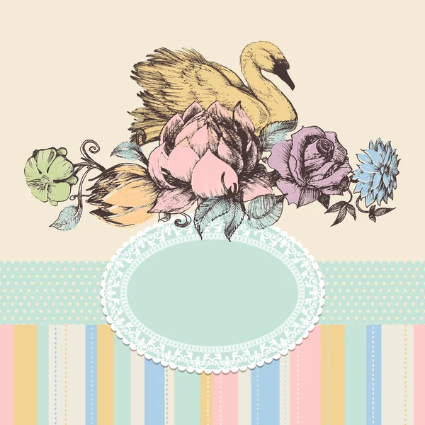 Fondo vintage, flores y marco de cisne, patrón retro — Vector de stock