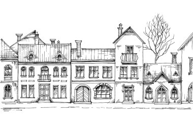 Şehir sokak, doğrusal binalar, önden görünüm