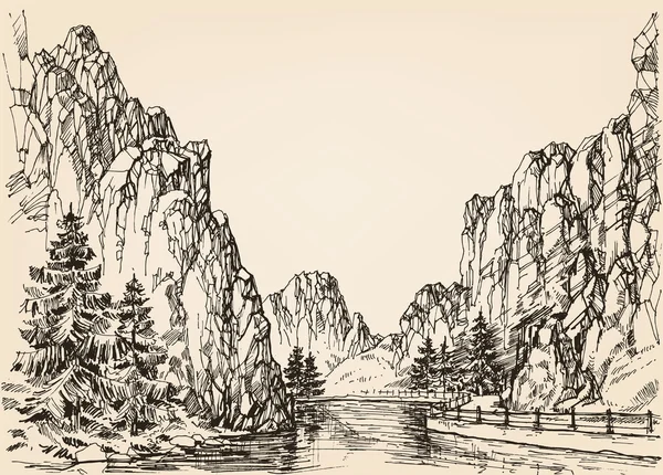 Sungai mengalir di pegunungan - Stok Vektor