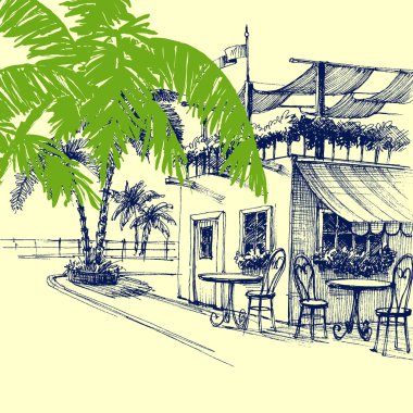 Sahilde Restoran. Teras ve palmiye ağaçları