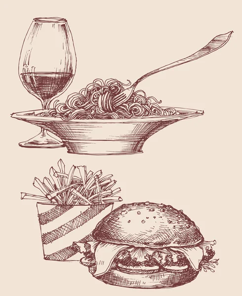 Vector de alimentos, hamburguesa y papas fritas, pasta y vino — Archivo Imágenes Vectoriales
