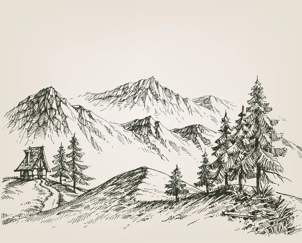 Disegno naturalistico, una capanna in montagna — Vettoriale Stock