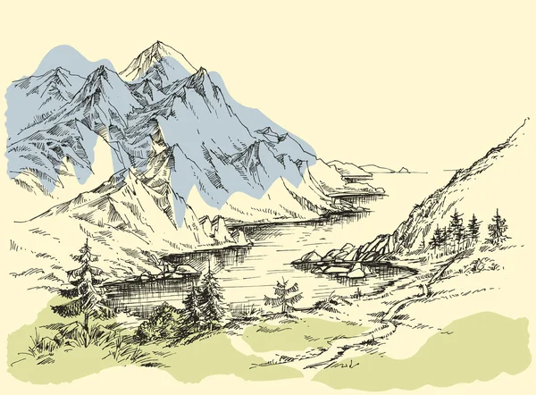Mountain river handen ritning — Stock vektor