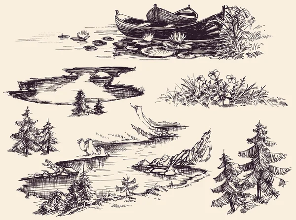 Conjunto de elementos de diseño de naturaleza. Barcos en el agua, río, lago, flores — Archivo Imágenes Vectoriales