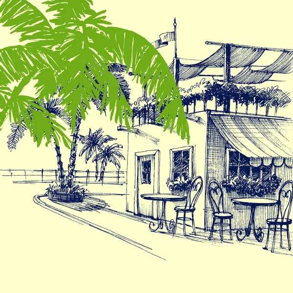 Restaurant sur la plage. Terrasse et palmiers — Image vectorielle