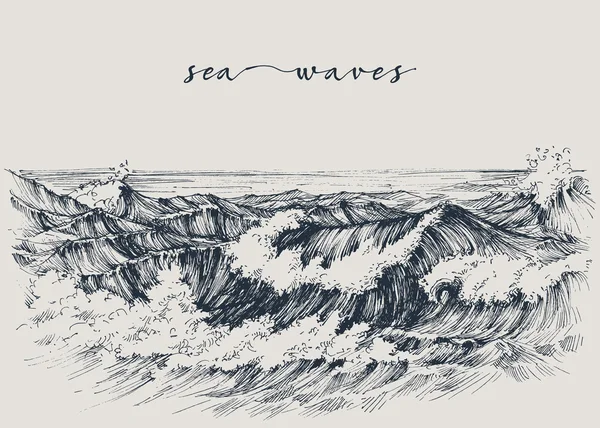 描画海または海の波。海の景色、波 — ストックベクタ